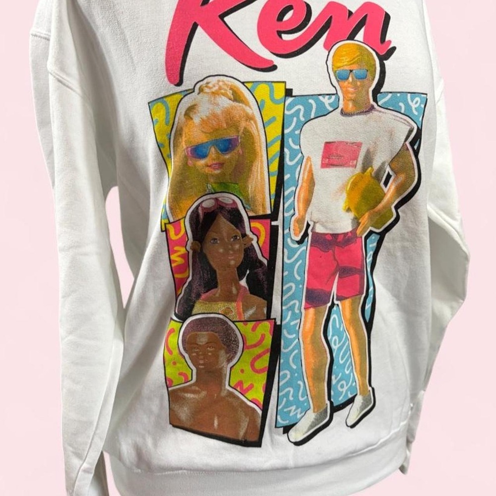 Barbie Ken Graphic Crewneck Sweatshirt White Y2K Oversized Thumbhole Medium